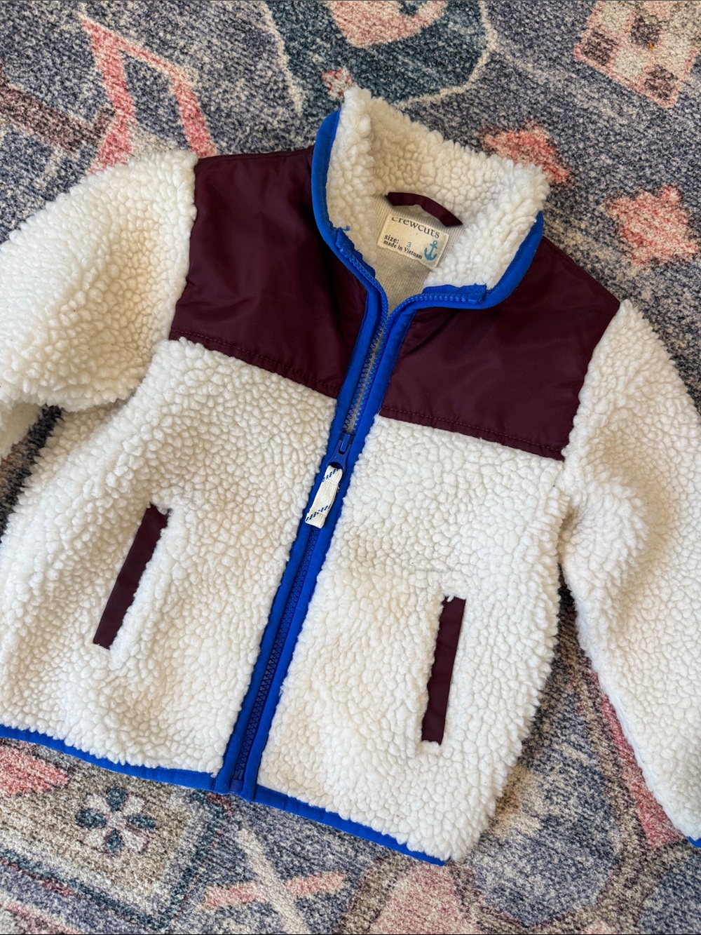 Crewcuts Cream Sherpa Jacket with Maroon Panels and Blue Trim